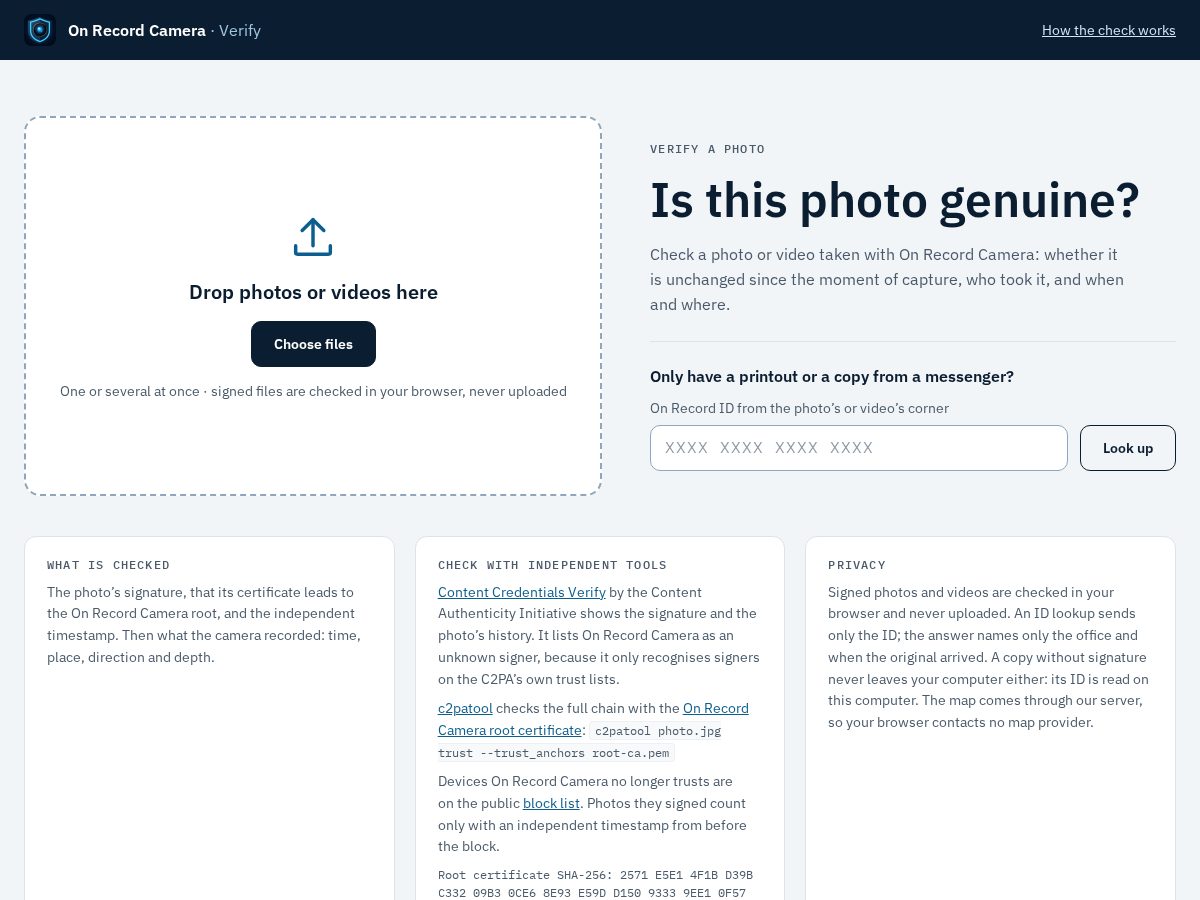 Landing-page snapshot of onrecordcamera.com