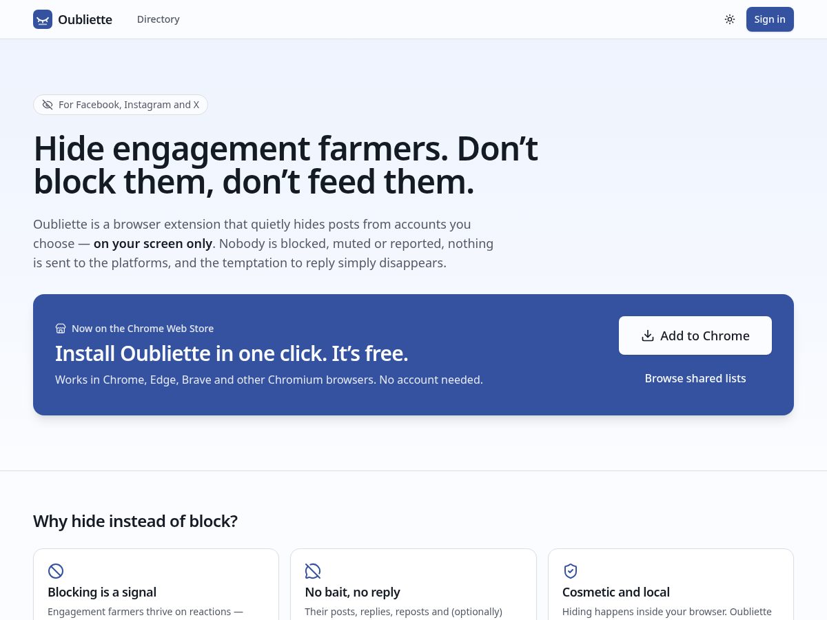 Landing-page snapshot of oubliette.pro