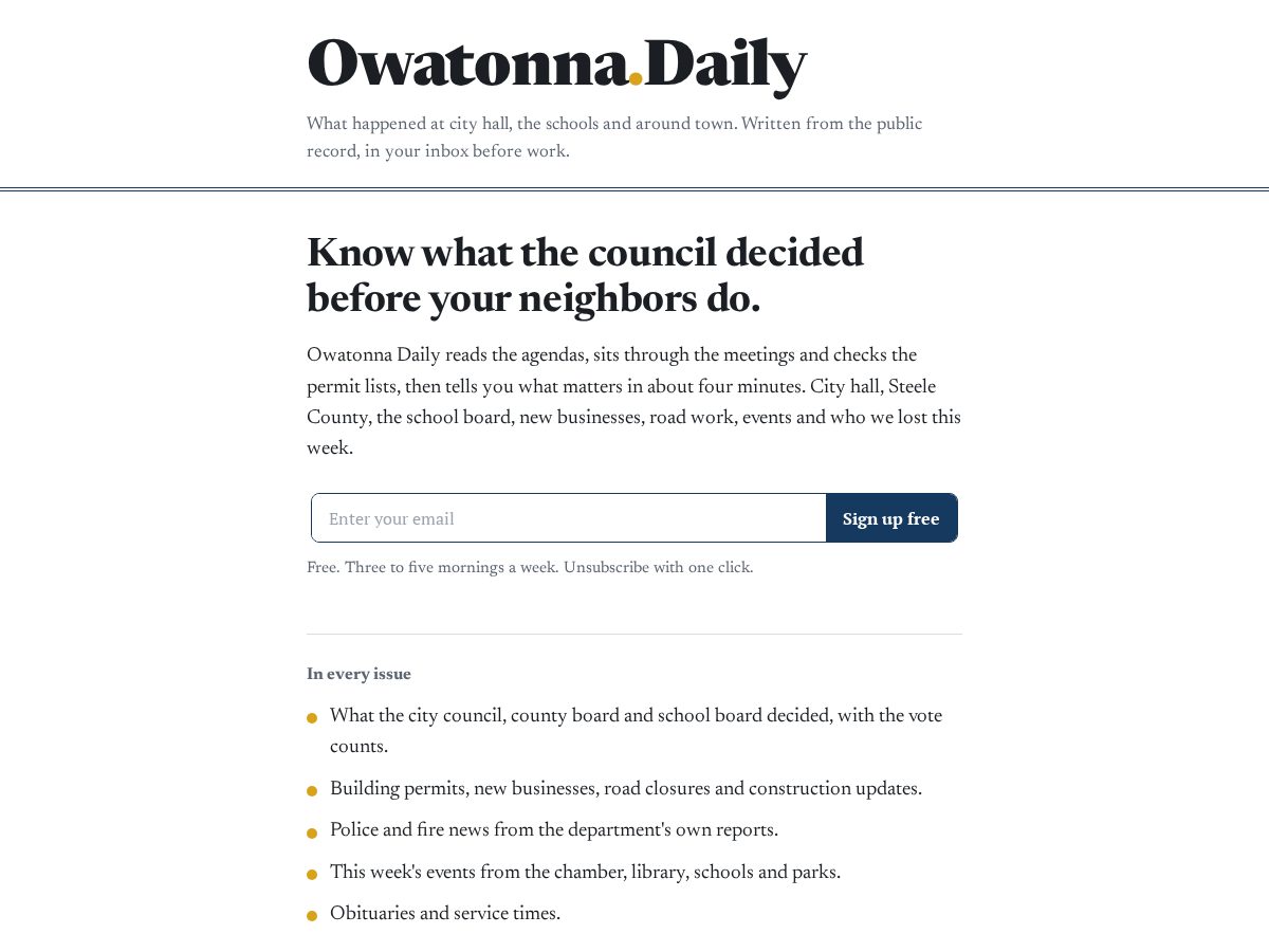 Landing-page snapshot of owatonnadaily.com