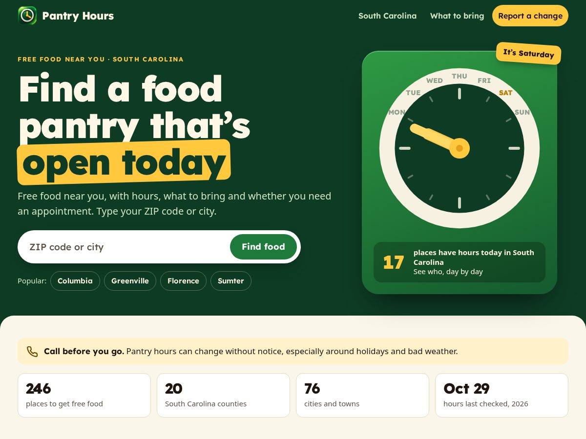 Landing-page snapshot of pantryhours.com