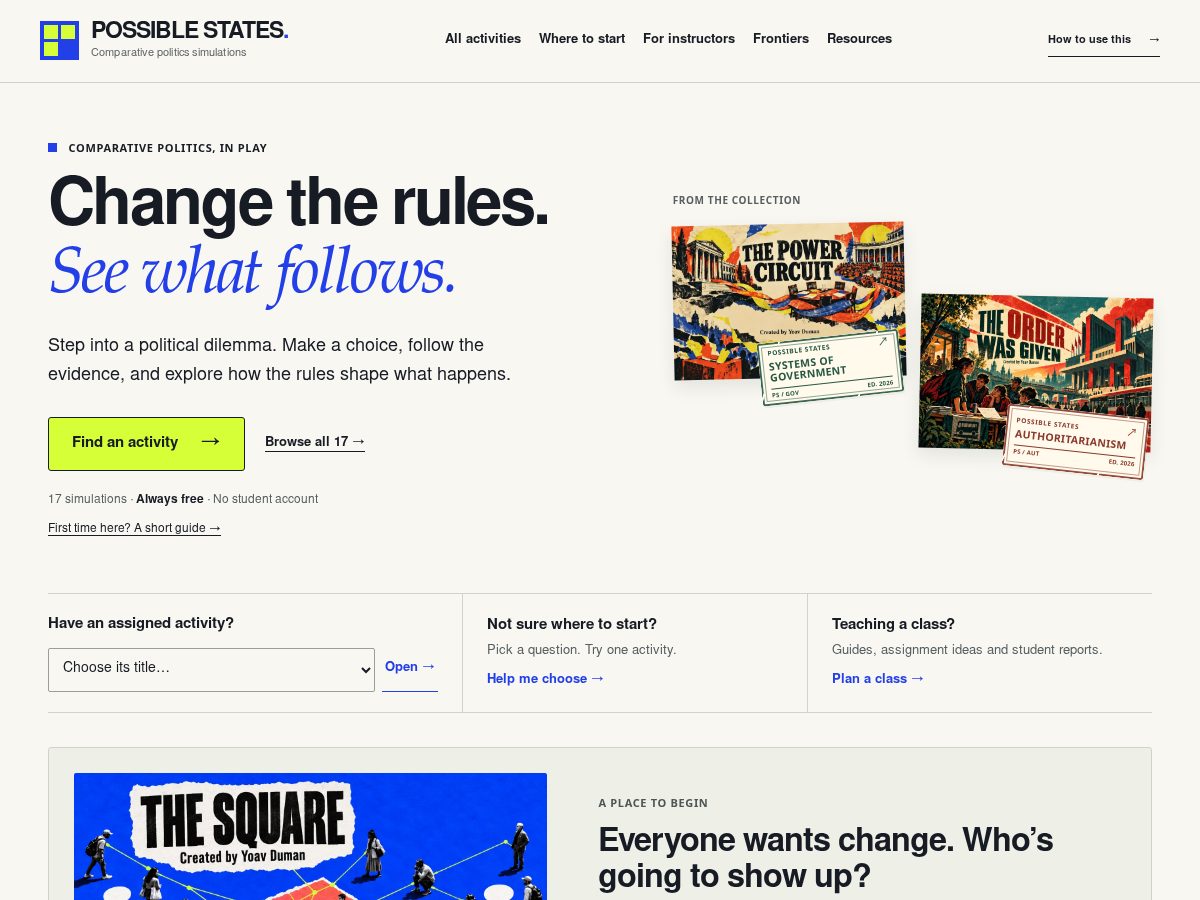 Landing-page snapshot of possiblestates.com