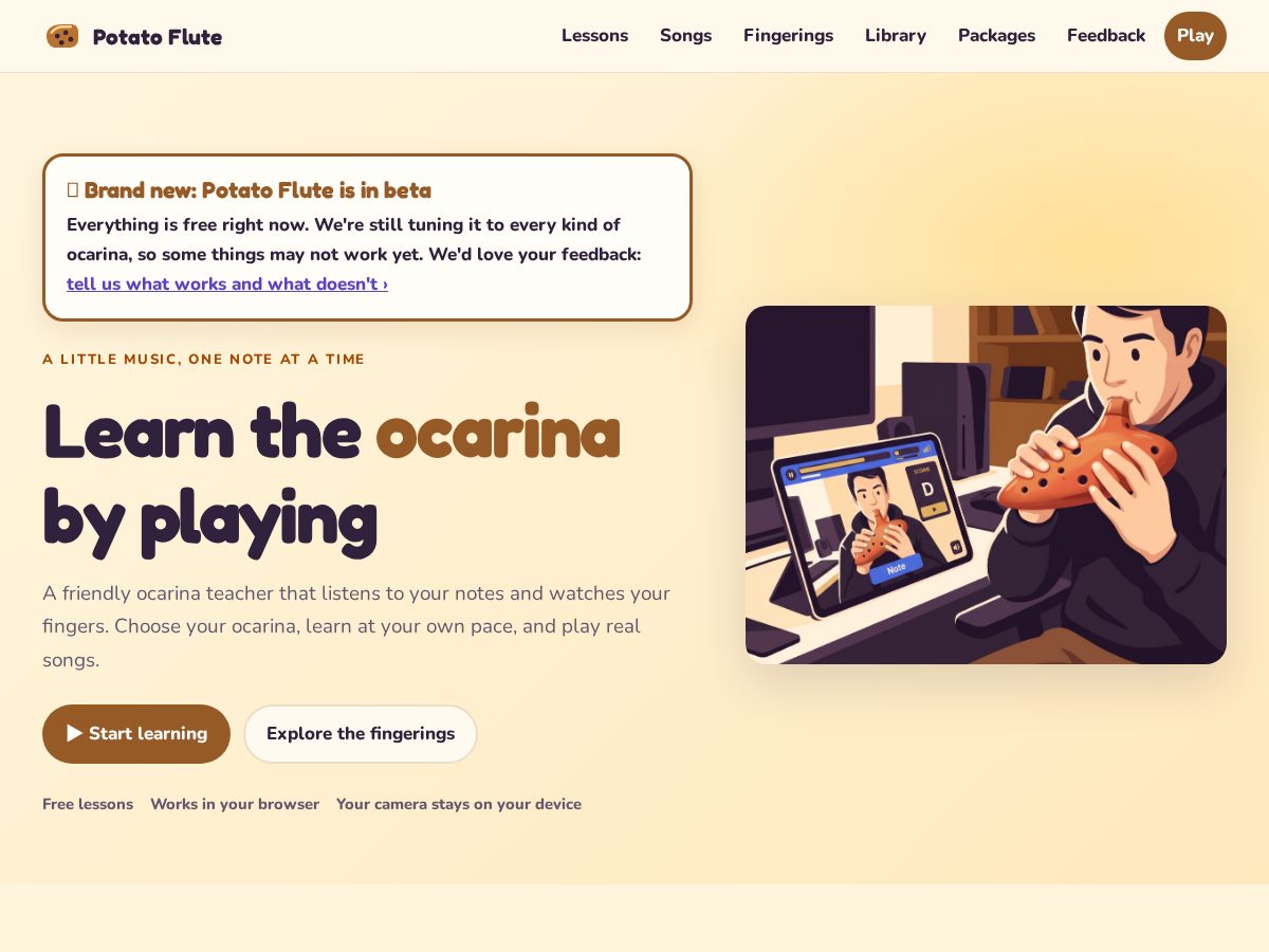Landing-page snapshot of potatoflute.com