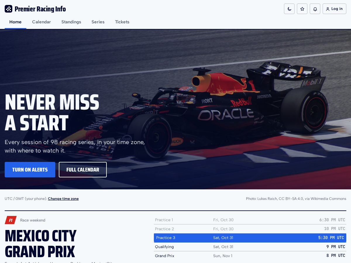 Landing-page snapshot of premierracinginfo.com