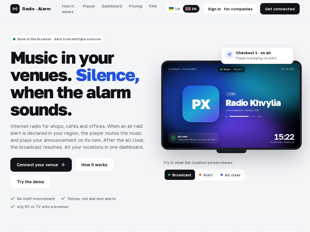 Landing-page snapshot of radioalarm.info