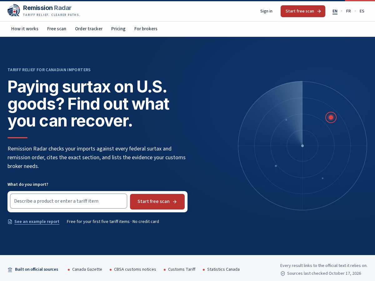 Landing-page snapshot of remissionradar.com