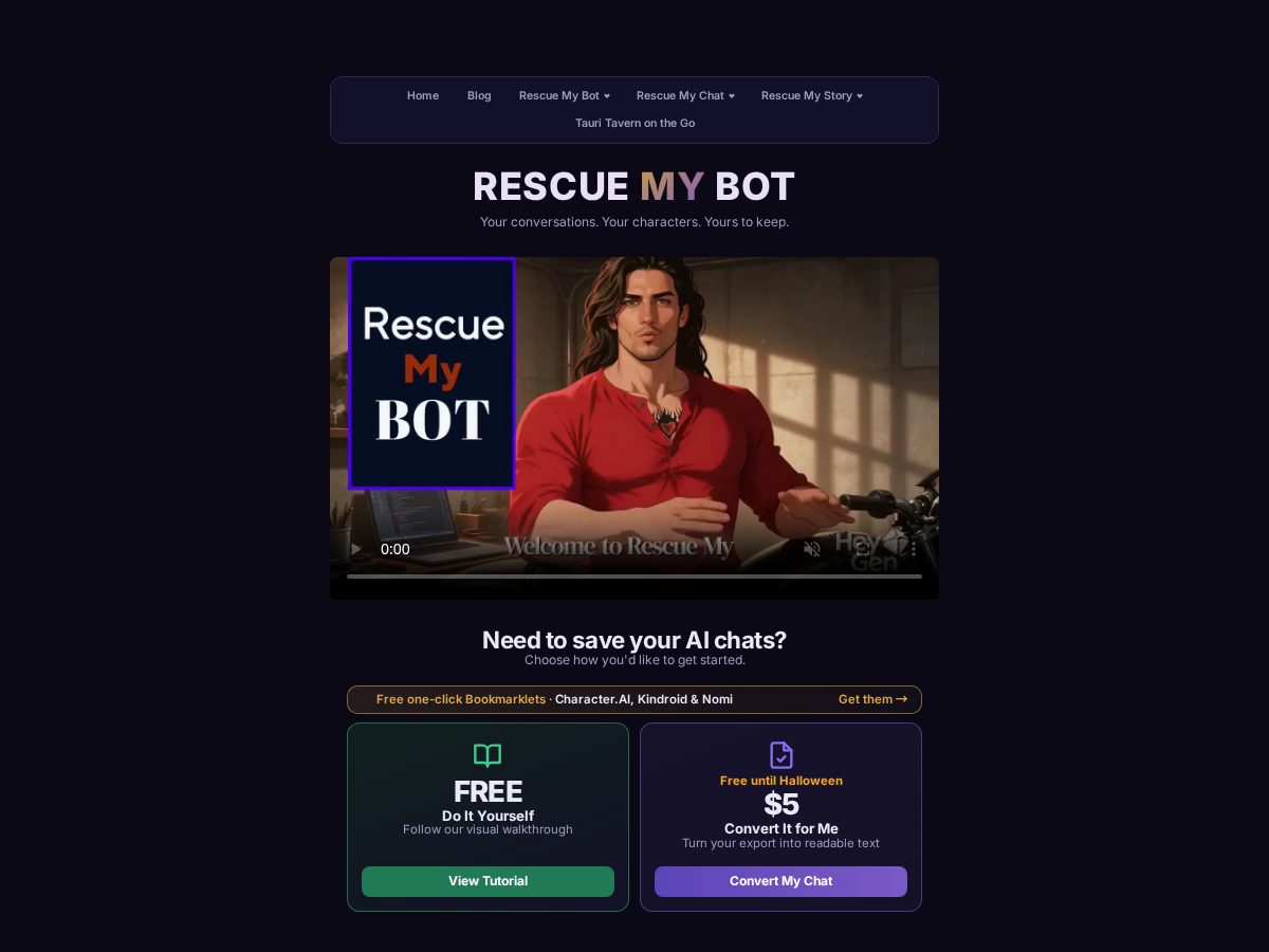 Landing-page snapshot of rescuemybot.com