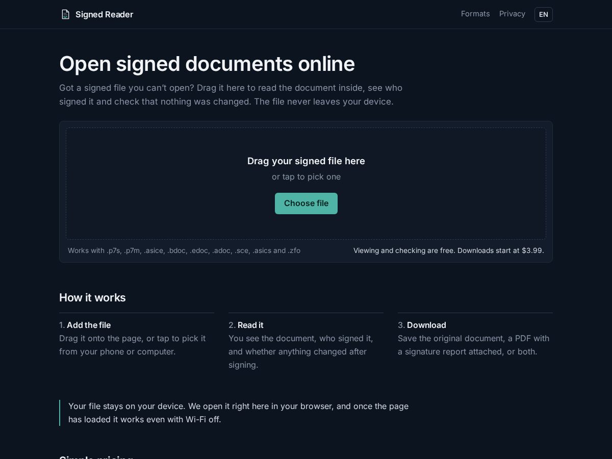 Landing-page snapshot of signedreader.com