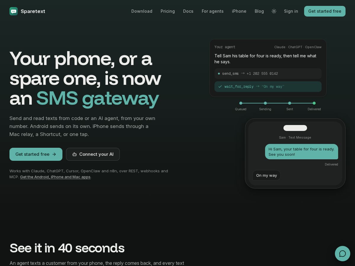 Landing-page snapshot of sparetext.dev