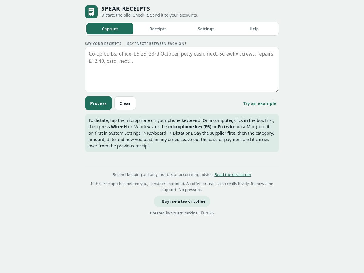 Landing-page snapshot of speakreceipts.com