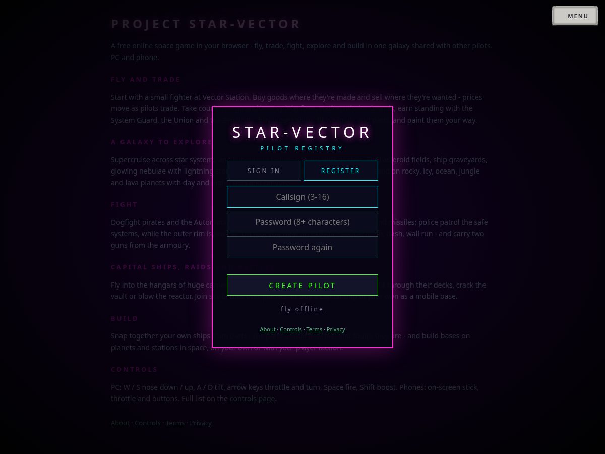 Landing-page snapshot of starvectorgame.com