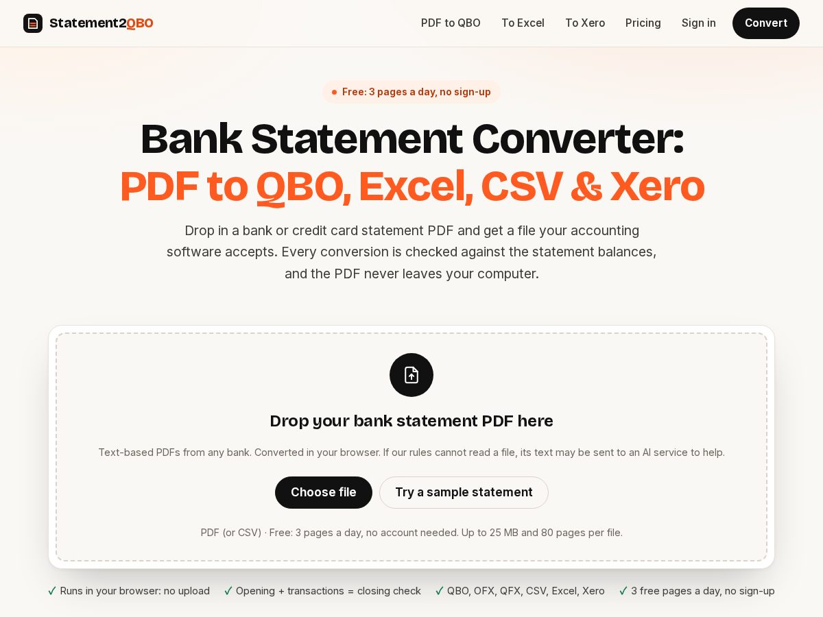 Landing-page snapshot of statement2qbo.com
