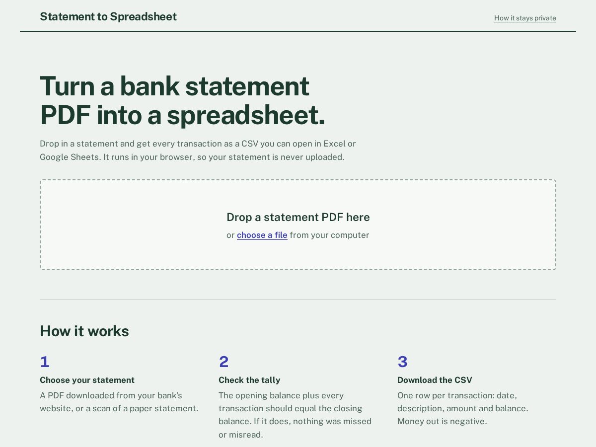 Landing-page snapshot of statementtospreadsheet.com