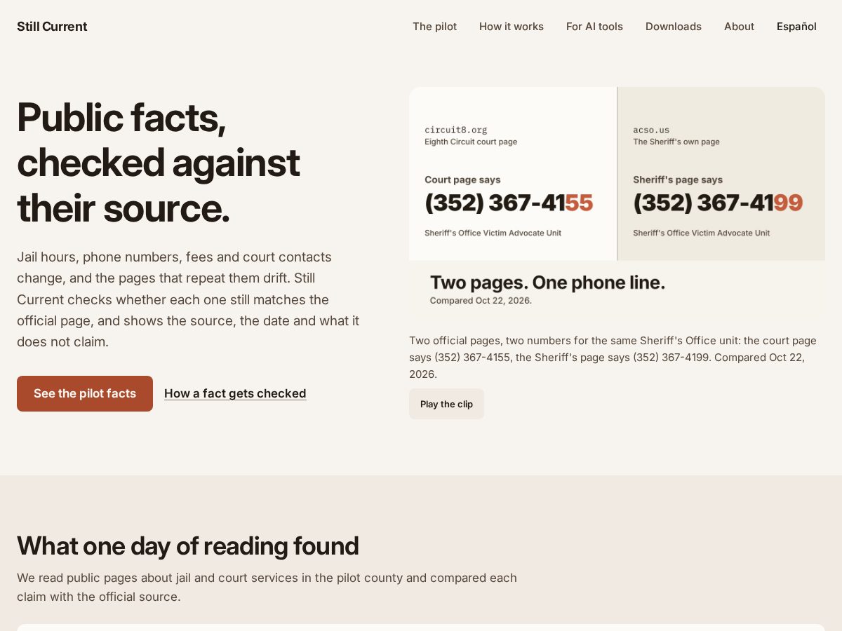 Landing-page snapshot of stillcurrent.app