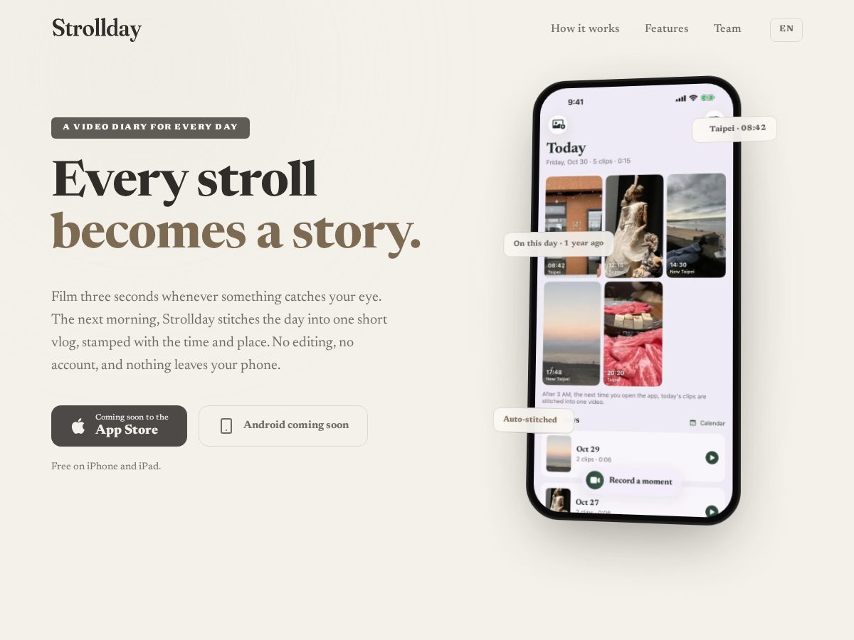 Landing-page snapshot of strollday.app