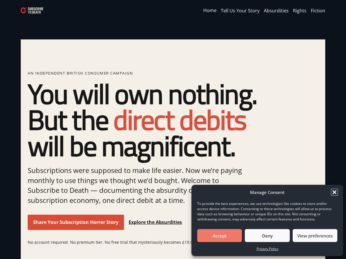 Landing-page snapshot of subscribetodeath.com