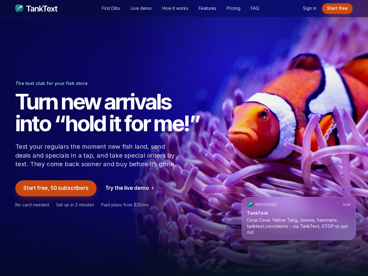 Landing-page snapshot of tanktext.com