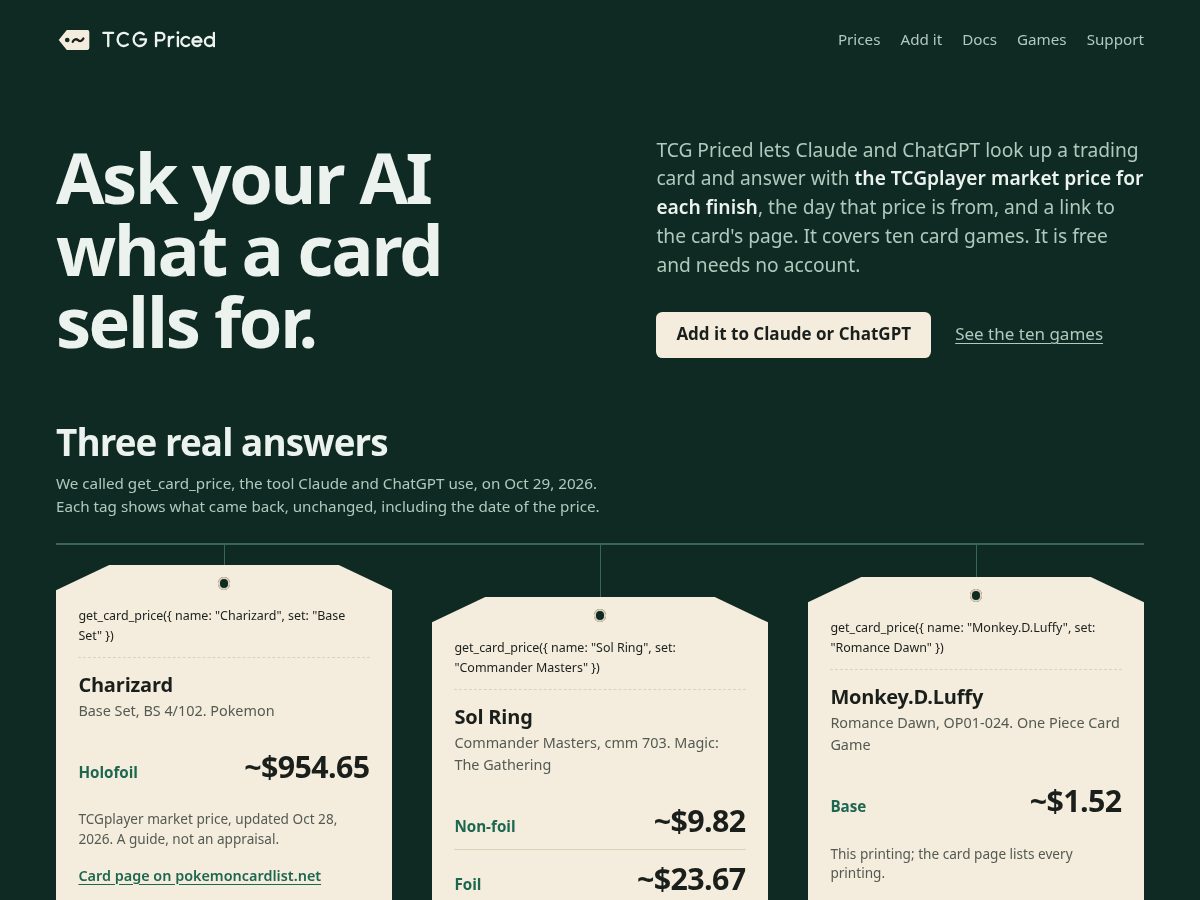 Landing-page snapshot of tcgpriced.com