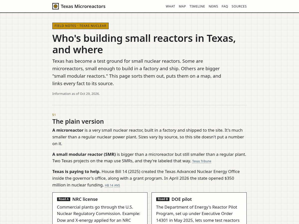 Landing-page snapshot of texasmicroreactors.com