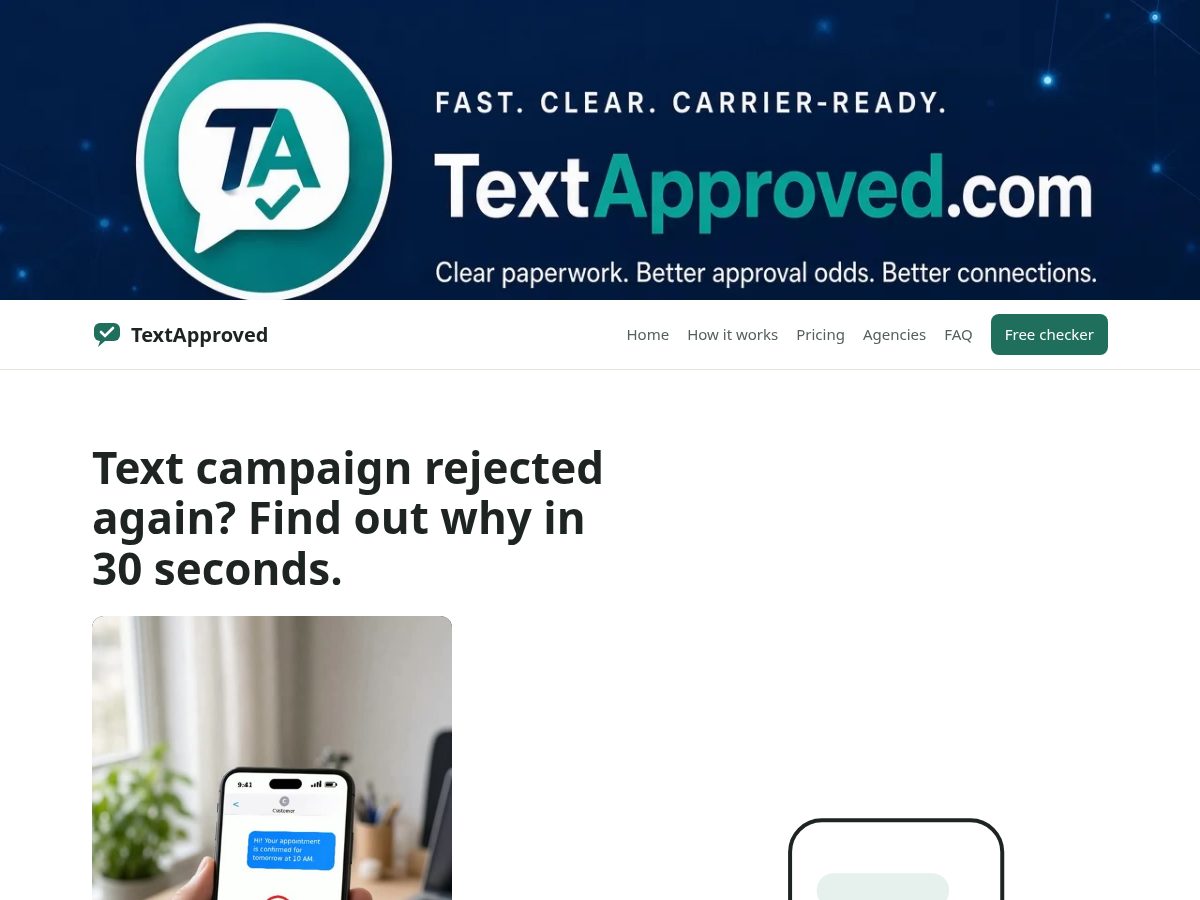 Landing-page snapshot of textapproved.com