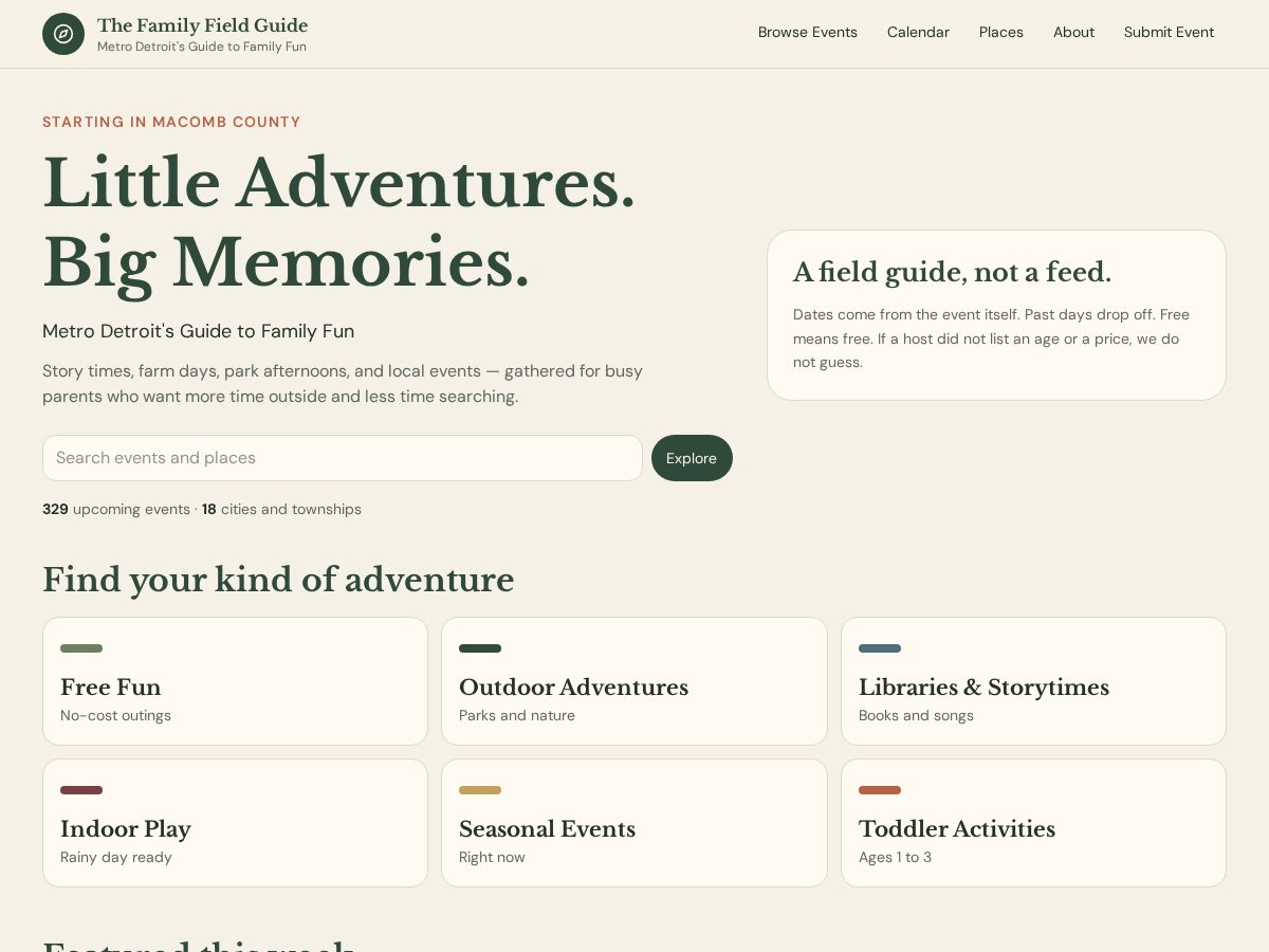 Landing-page snapshot of thefamilyfieldguidedetroit.com