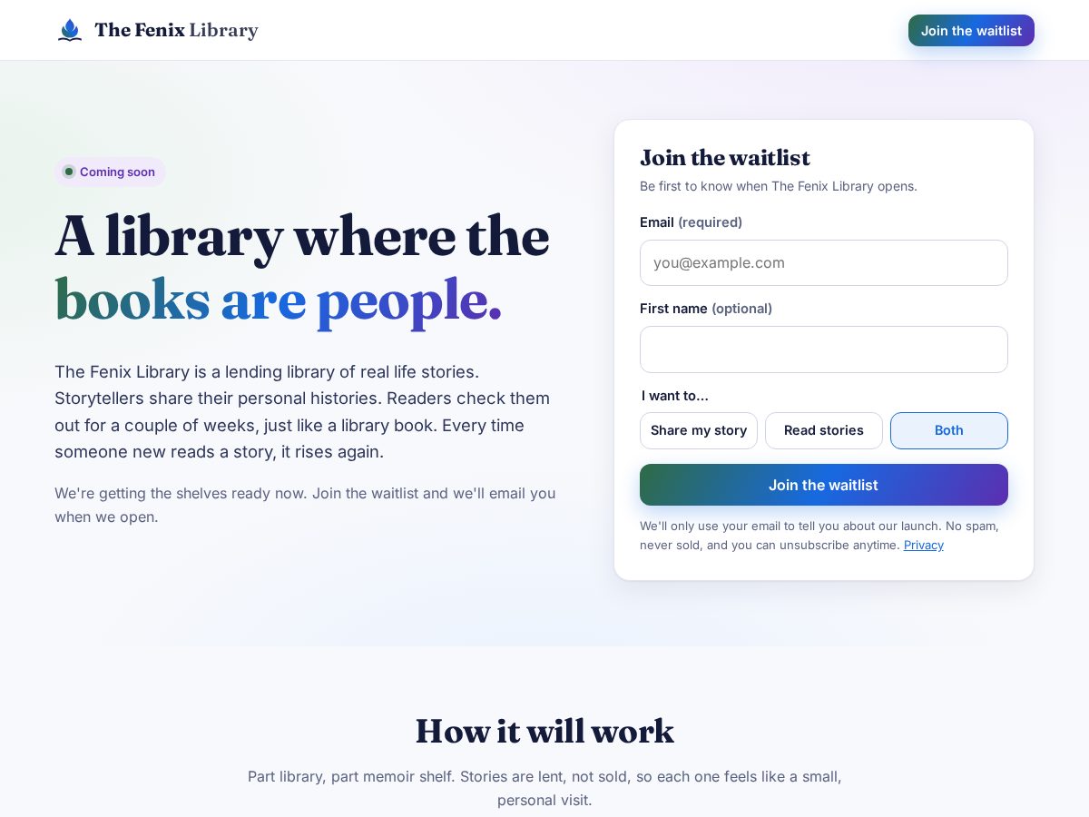 Landing-page snapshot of thefenixlibrary.com