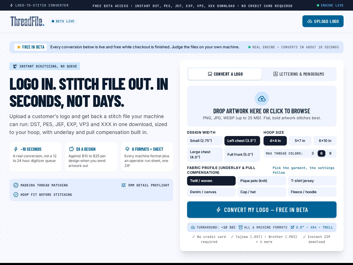 Landing-page snapshot of threadfile.com