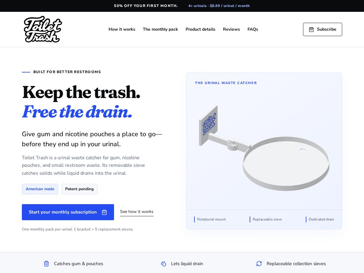 Landing-page snapshot of toilettrash.com