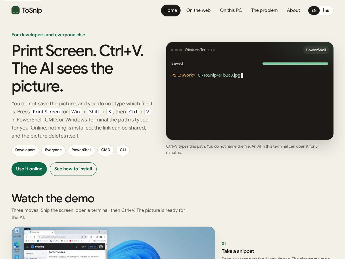 Landing-page snapshot of tosnip.com