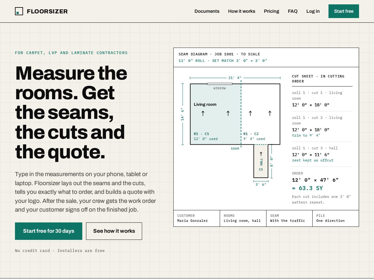 Landing-page snapshot of tryfloorsizer.com
