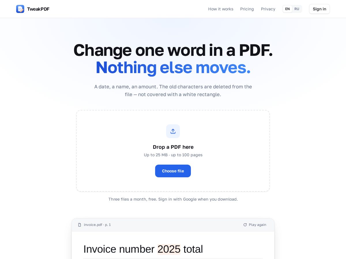 Landing-page snapshot of tweakpdf.app