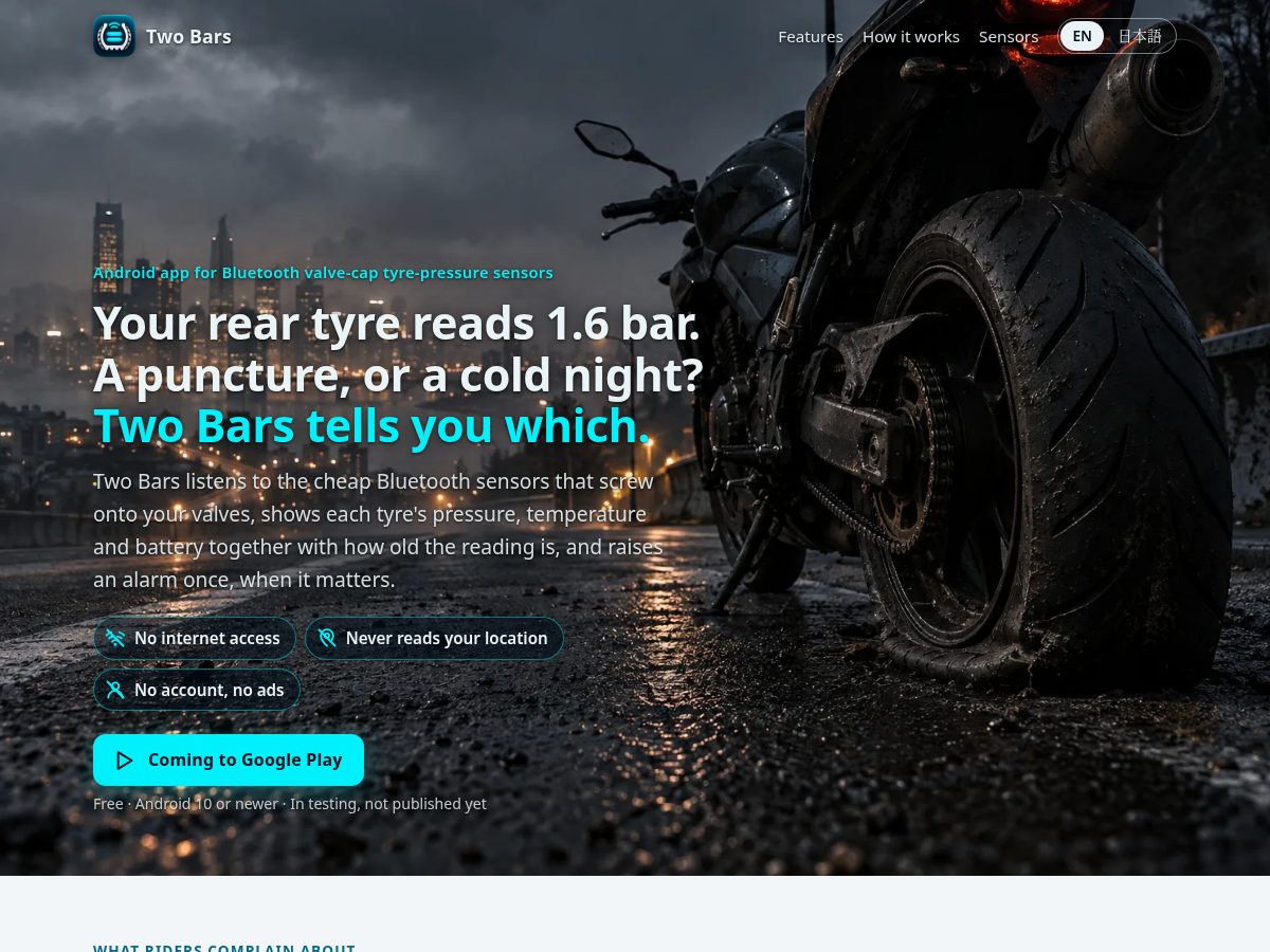 Landing-page snapshot of twobars.app