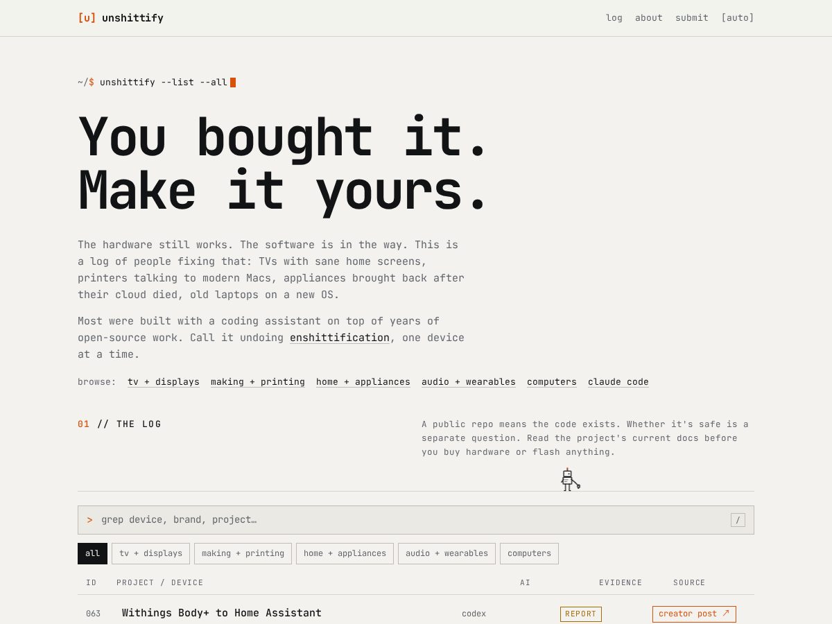 Landing-page snapshot of unshittify.dev