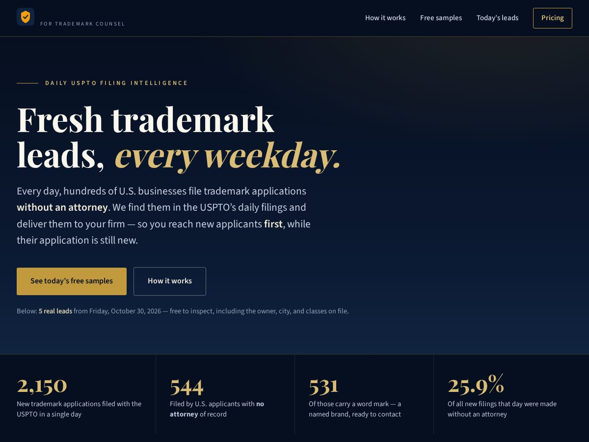 Landing-page snapshot of ustrademarkleads.com