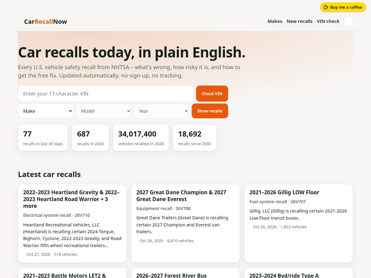 Landing-page snapshot of vehiclerecallcheck.com