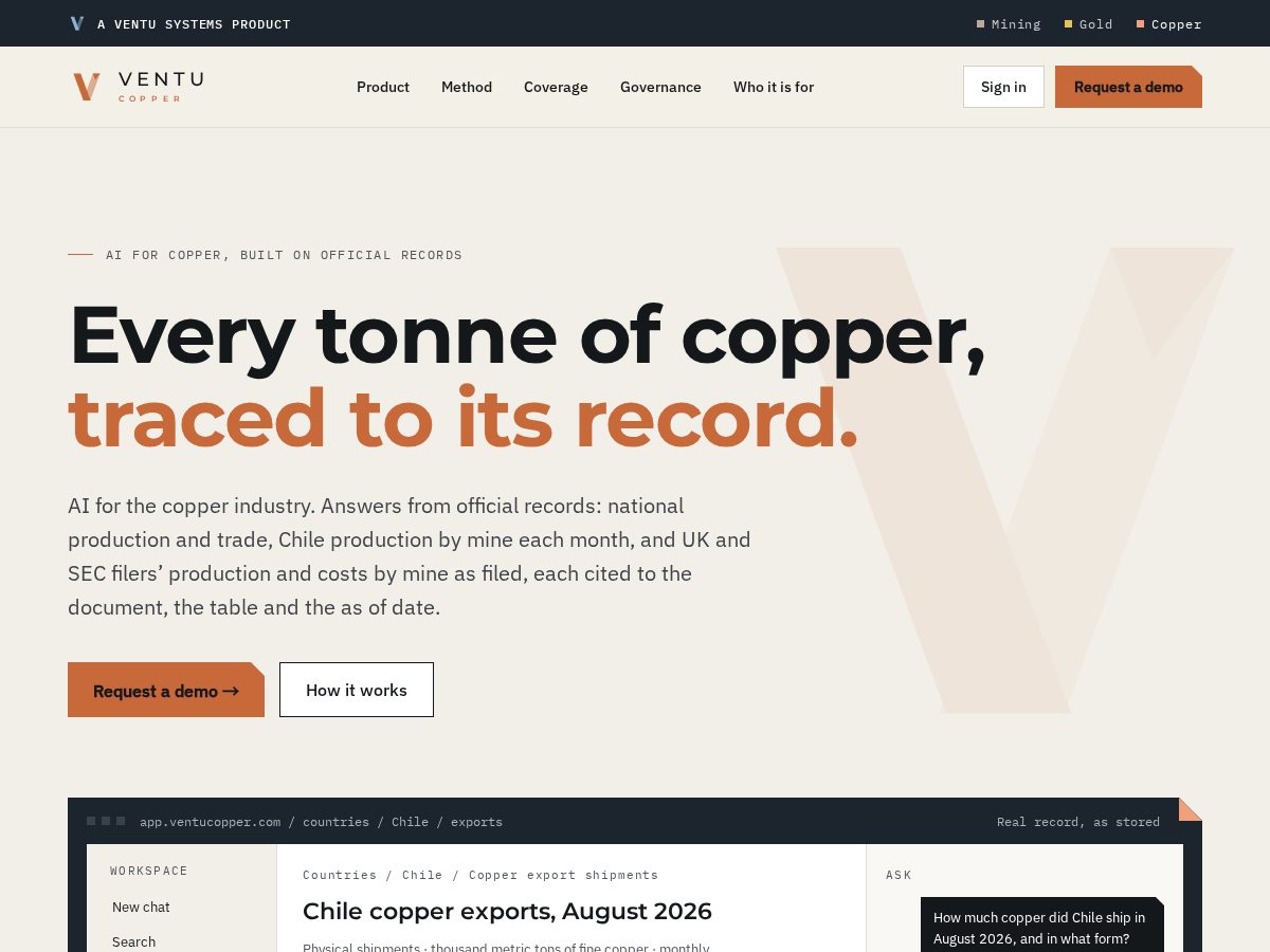 Landing-page snapshot of ventucopper.com