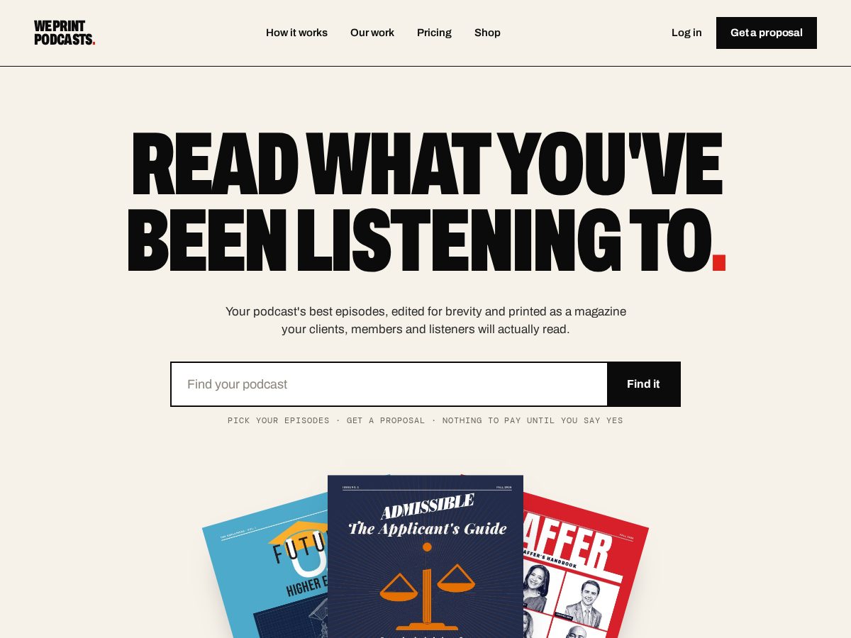 Landing-page snapshot of weprintpodcasts.com