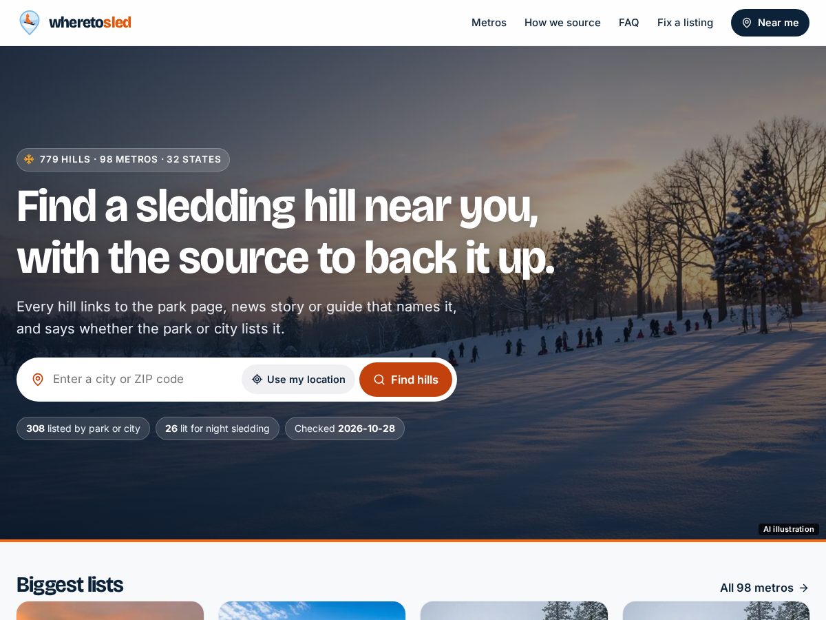 Landing-page snapshot of wheretosled.com
