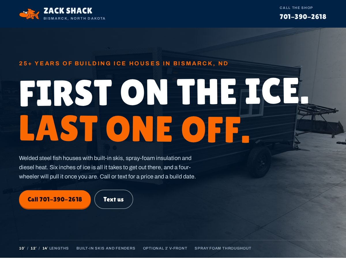Landing-page snapshot of zackshackicehouses.com