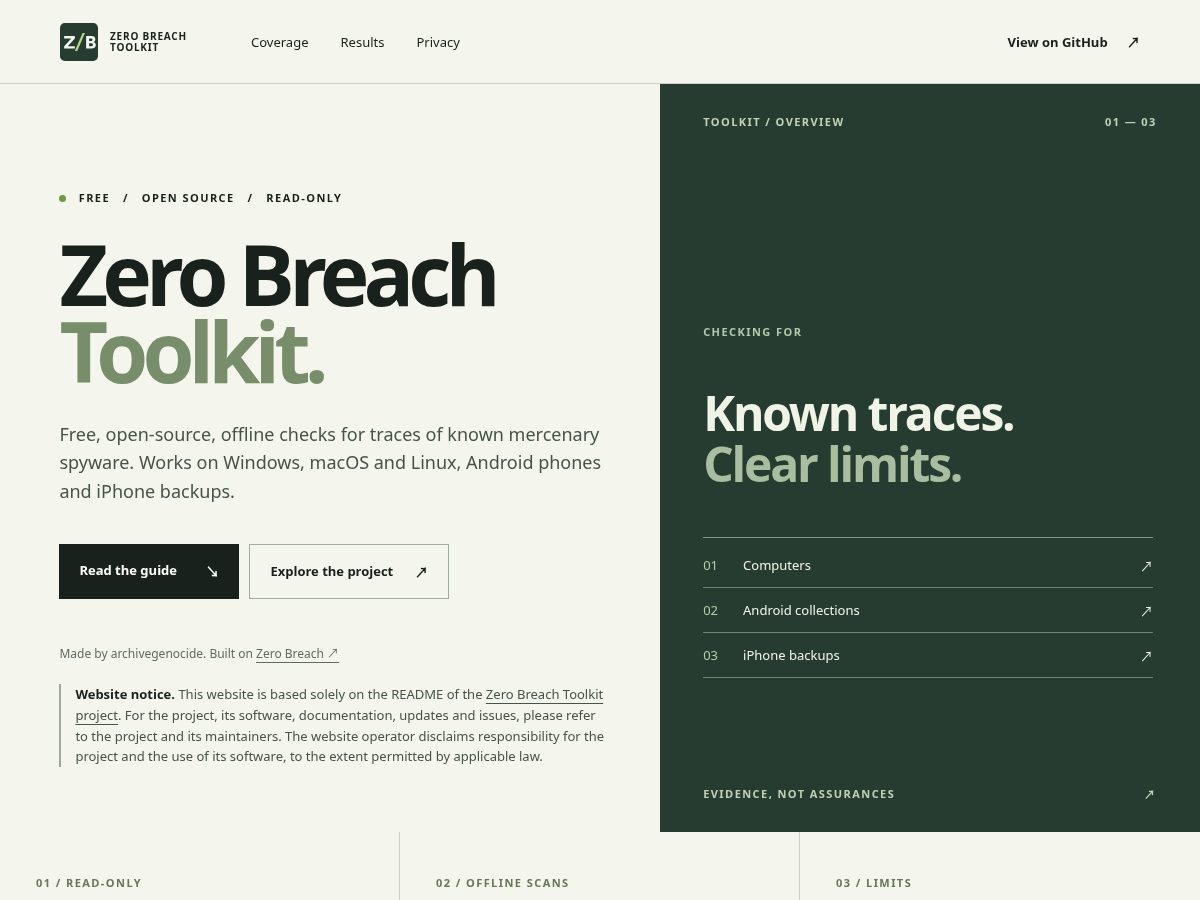 Landing-page snapshot of zerobreachtoolkit.com